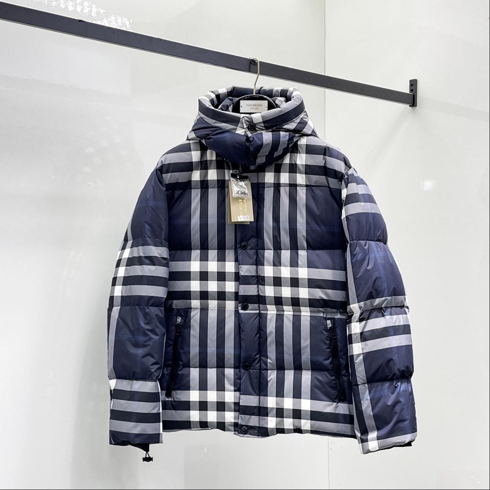 Burberry Navy and White Check Quilted Puffer Jacket with Hood